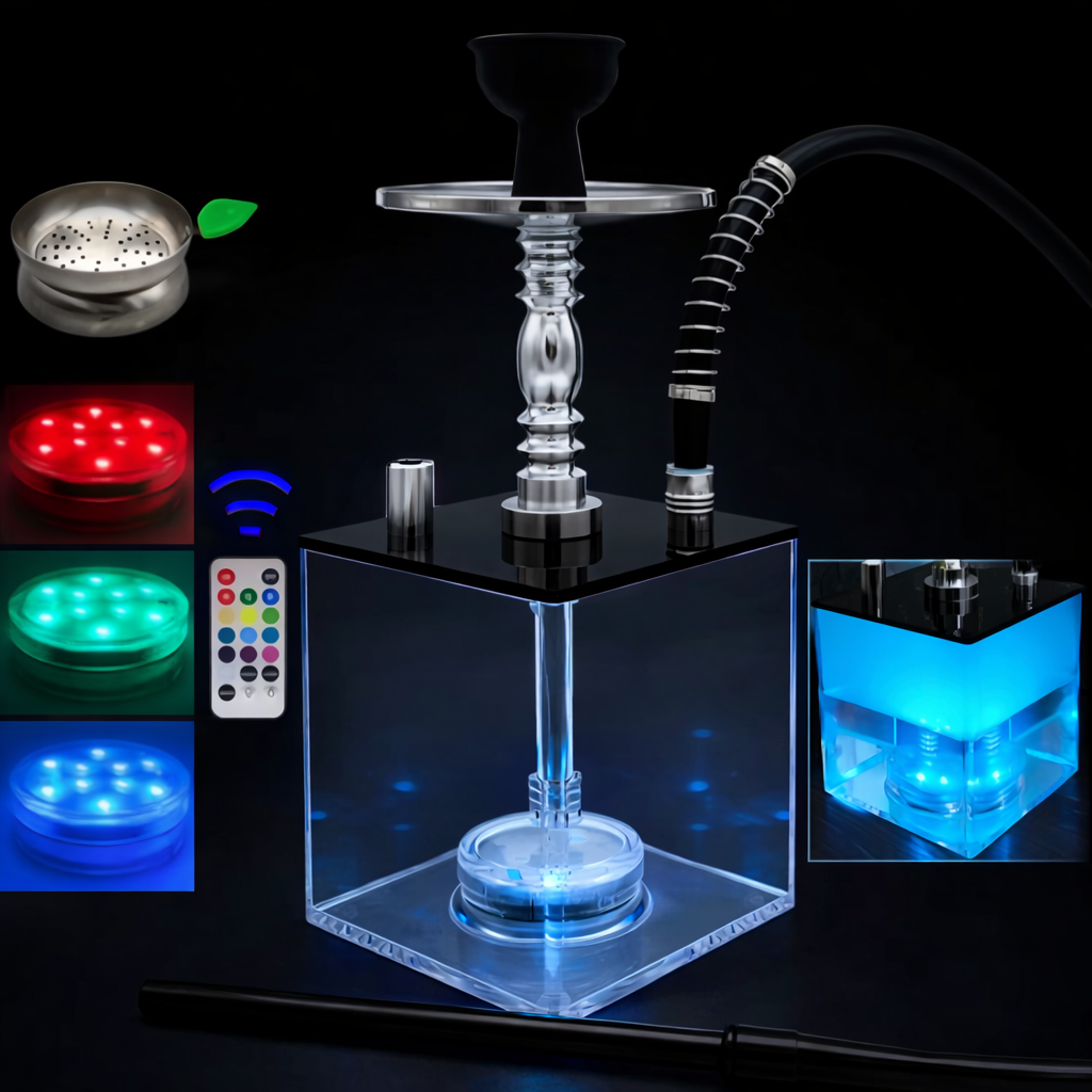 Kaswa Clear Transparent Square Hookah Acrylic Shisha Set with LED Lighting